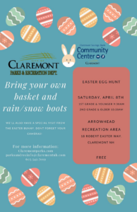 Event poster / graphic for the City of Claremont Easter Egg Hunt on Saturday, April 8th. Easter eggs and event information on top of a blue background.